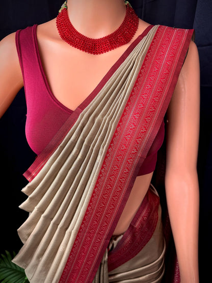 IVORY ART SILK WITH CONTRAST RED SILVER ZARI WEAVE BORDER