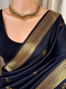 BLACK TRADITIONAL SMALL BORDER ARE SILK SAREE COMES WITH GOLDEN ZARI WEAVE BORDER