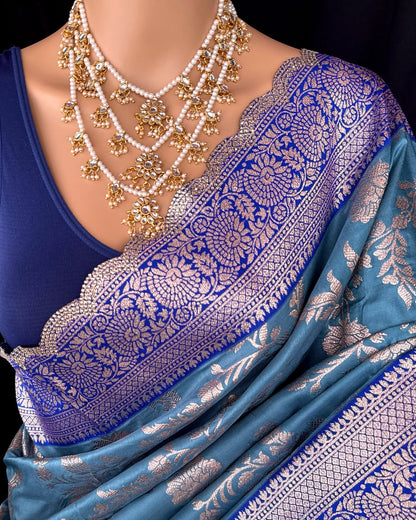 TEAL BLUE SEMI ART SILK SAREE COMES WITH GOLDES SILVER ZARI WEAVE ALL OVER SAREE
