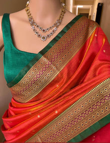 RED ORANGE SATIN SILK SAREE WITH GREEN BORDER