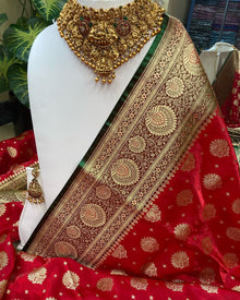 RED BANARASI GREEN BORDER SEMI SILK SAREE
