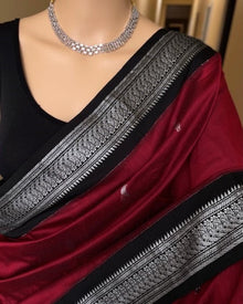 REDDISH MARRON COTTON SILK SAREE WITH SILVER BORDER