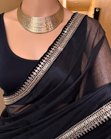BLACK METALLIC TISSUE SAREES WITH BLACK VELVET LACE