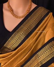 GOLDEN YELLOW  COTON SILK SAREE WITH BLACK BORDER