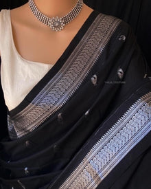 BLACK SILK COTTON SAREE WITH SILVER BORDER.