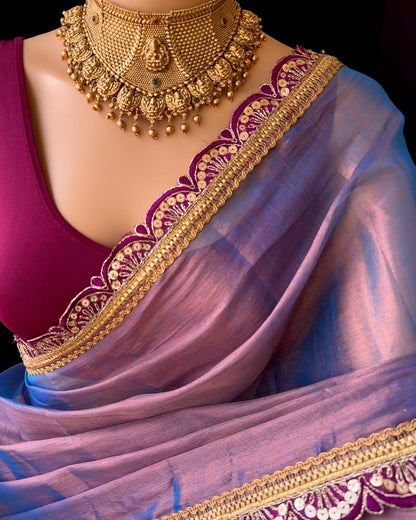 COPPER BLUE METTALIC TISSUE SAREE