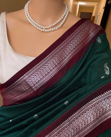 DARK GREEN COTTON SILK SAREE WITH SILVER BORDER
