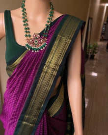 MAGENTA CHECKS COTTON SILK SAREE WITH GREEN BORDER