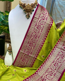 PEAR GREEN ART SILK SAREE WITH CONTRAST PINK BORDER