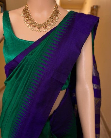 FOREST GREEN COTTON SILK SAREE WITH VIOLET TEMPLE BORDE